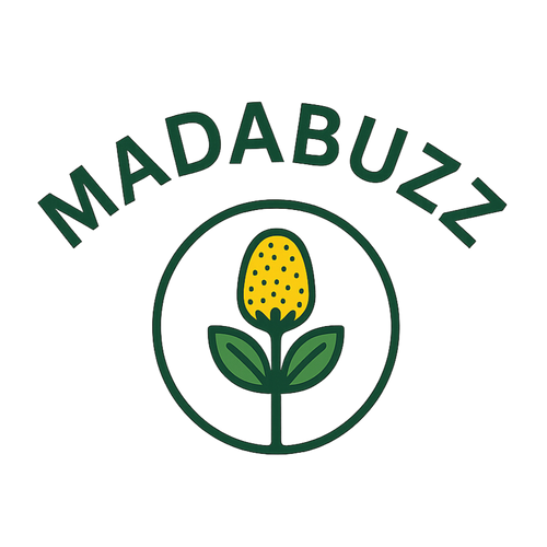 Logo of Madabuzz – Paracress Spilanthes Acmella from Madagascar with yellow flower and green leaf on white background