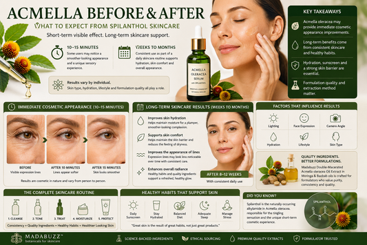 Educational infographic explaining Acmella oleracea before and after skincare results, showing the immediate 10–15 minute cosmetic appearance associated with spilanthol, long-term skincare benefits, factors affecting results, healthy skincare routines