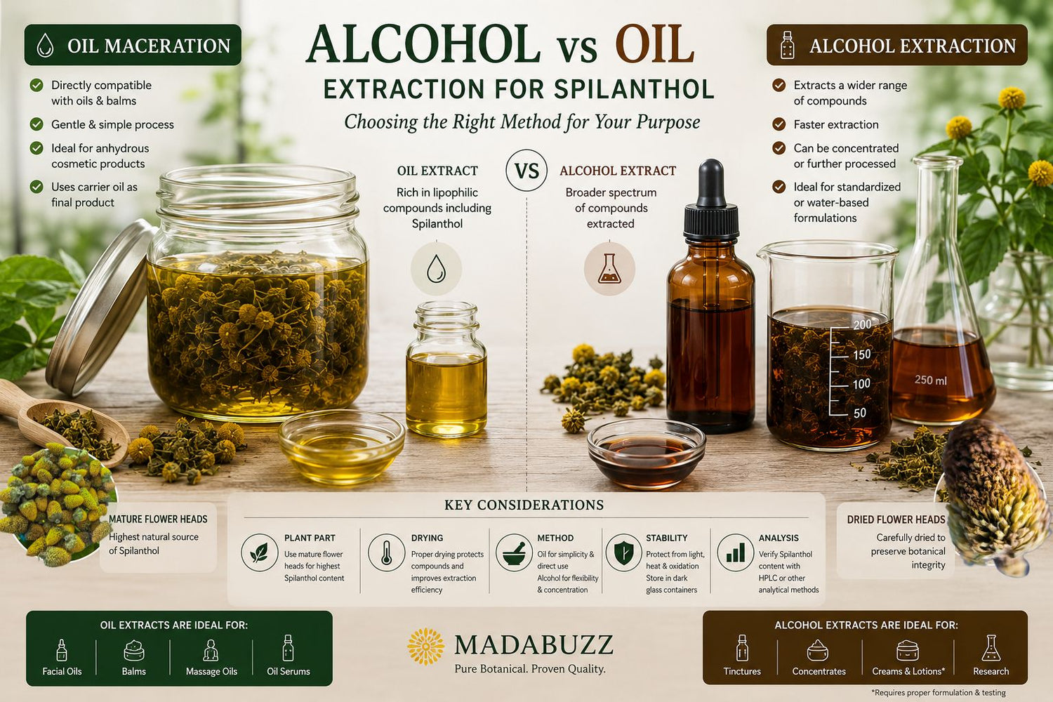 Realistic comparison of alcohol and oil extraction using dried Acmella oleracea flower heads, with an ethanol botanical extract, golden oil macerate, filtration equipment, and laboratory glassware.