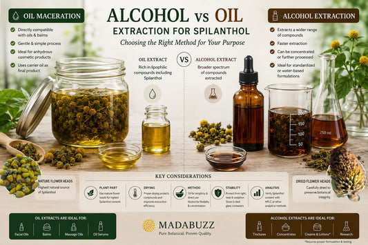 Realistic comparison of alcohol and oil extraction using dried Acmella oleracea flower heads, with an ethanol botanical extract, golden oil macerate, filtration equipment, and laboratory glassware.