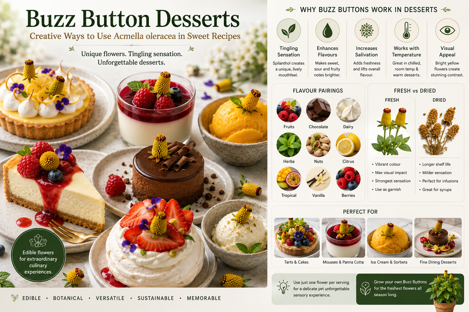 Buzz Button Desserts: Elegant Sweet Creations with Acmella oleracea