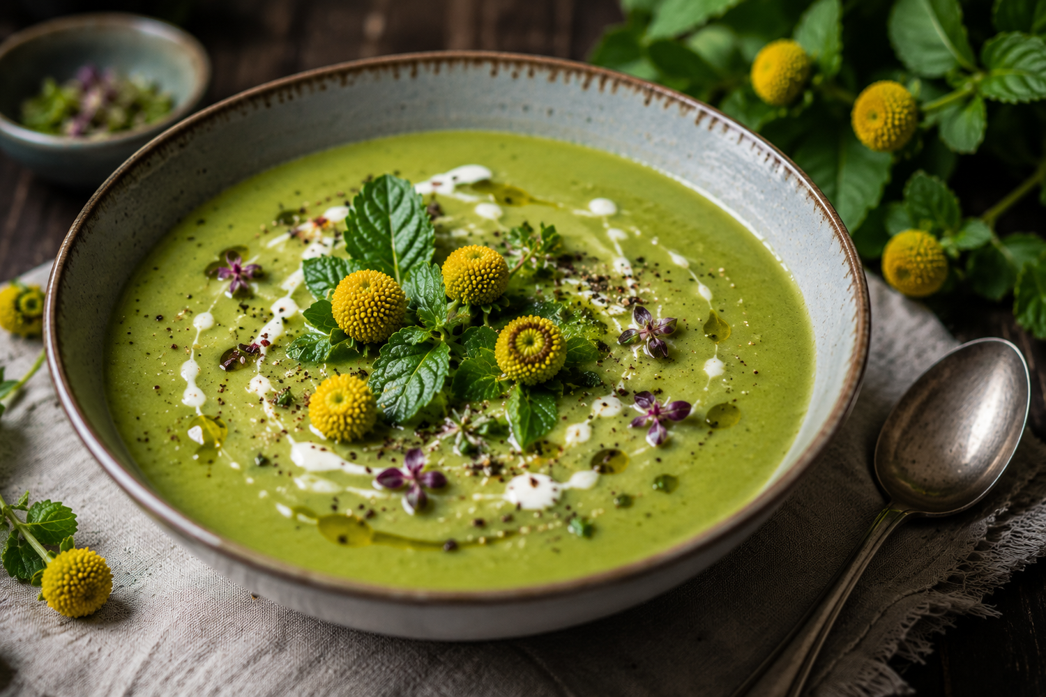 A gourmet green soup garnished with fresh Acmella oleracea leaves and realistic yellow flower heads (Buzz Buttons), demonstrating the culinary use of this edible botanical in contemporary cuisine