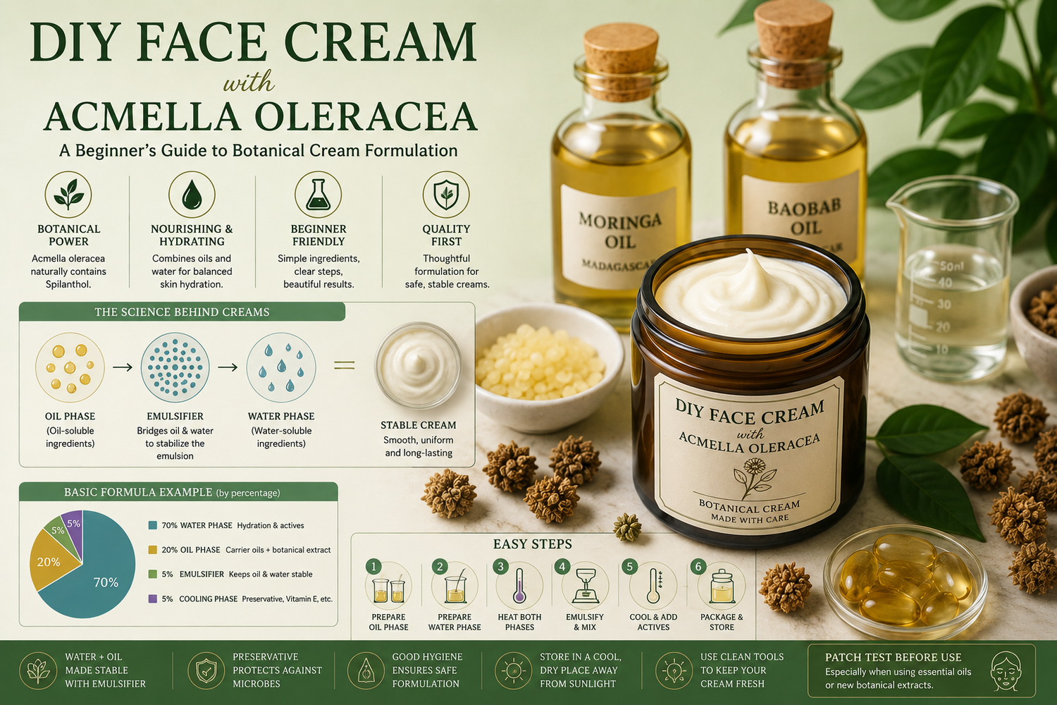 DIY face cream formulated with Acmella oleracea oil extract, Madagascan Moringa oil, Baobab oil, emulsifier, and botanical ingredients, illustrating the science of oil-in-water cream formulation.