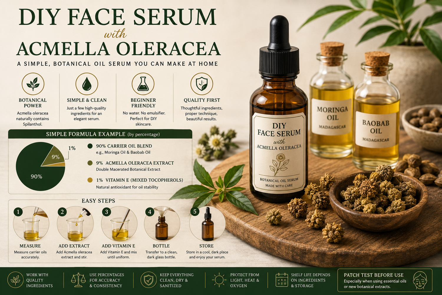 Premium DIY face serum formulated with Acmella oleracea botanical extract, Madagascan Moringa oil, and Baobab oil, surrounded by laboratory glassware and dried botanical ingredients, illustrating scientific oil-based skincare formulation.