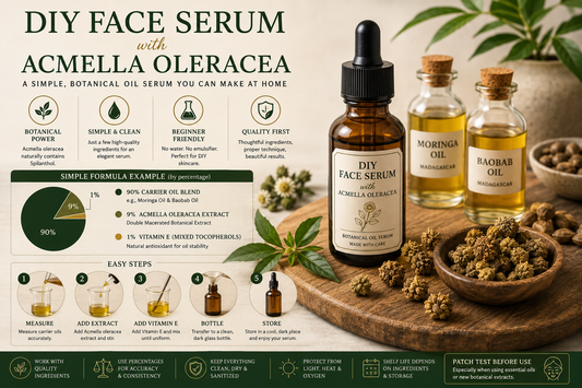 Premium DIY face serum formulated with Acmella oleracea botanical extract, Madagascan Moringa oil, and Baobab oil, surrounded by laboratory glassware and dried botanical ingredients, illustrating scientific oil-based skincare formulation.
