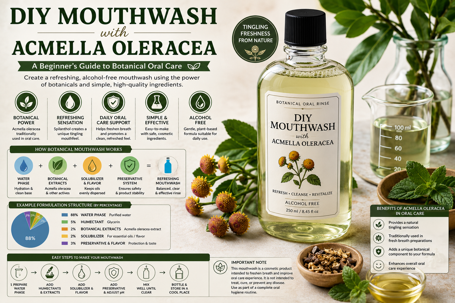 DIY botanical mouthwash with Acmella oleracea (paracress), featuring a clear alcohol-free oral rinse, fresh botanical ingredients, laboratory glassware, and cosmetic formulation materials illustrating the science of natural oral care.