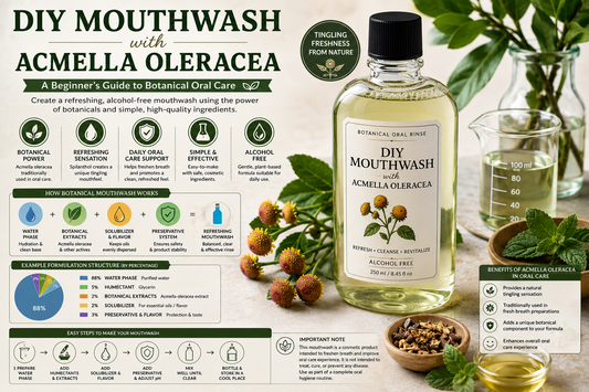 DIY botanical mouthwash with Acmella oleracea (paracress), featuring a clear alcohol-free oral rinse, fresh botanical ingredients, laboratory glassware, and cosmetic formulation materials illustrating the science of natural oral care.