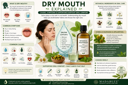 Educational infographic explaining dry mouth (xerostomia), including causes, symptoms, saliva, hydration, oral hygiene, botanical ingredients such as Acmella oleracea, spilanthol, and formulation science for everyday oral comfort