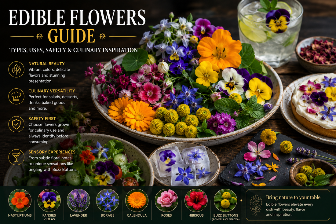 A colorful selection of edible flowers, including Buzz Buttons (Acmella oleracea), nasturtiums, pansies, calendula, lavender, roses, hibiscus, and borage, arranged around salads, desserts, and cocktails to illustrate their culinary uses
