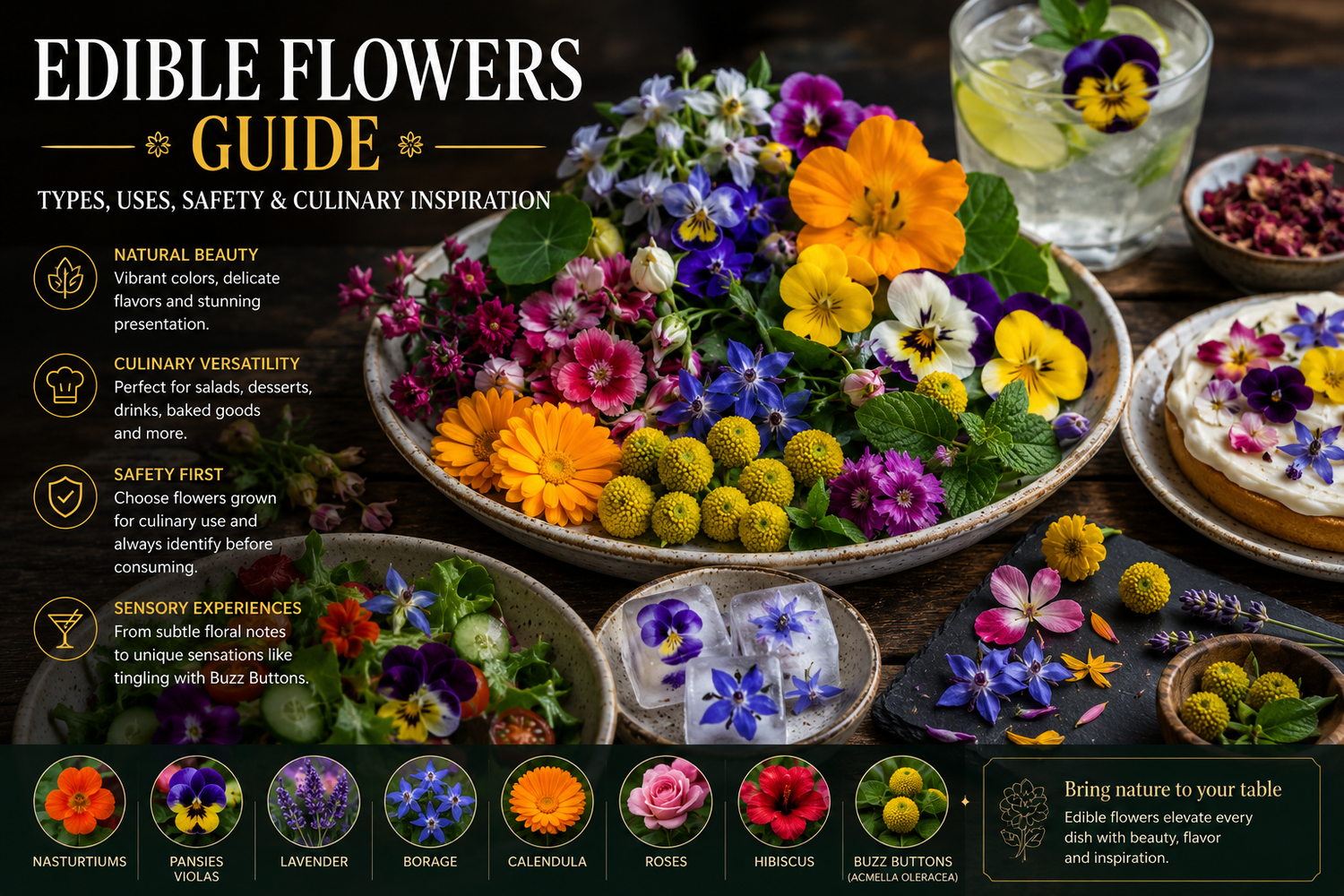A colorful selection of edible flowers, including Buzz Buttons (Acmella oleracea), nasturtiums, pansies, calendula, lavender, roses, hibiscus, and borage, arranged around salads, desserts, and cocktails to illustrate their culinary uses
