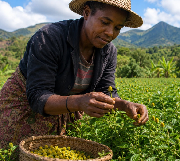 Farmer hand-harvesting mature Acmella oleracea flower heads in Madagascar during the optimal harvest stage for premium botanical quality.
