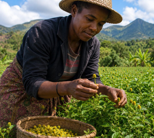 Farmer hand-harvesting mature Acmella oleracea flower heads in Madagascar during the optimal harvest stage for premium botanical quality.