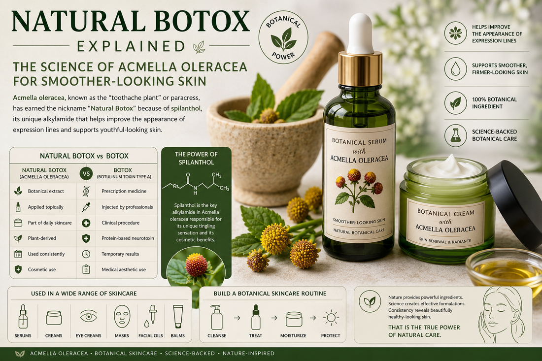 Natural Botox explained infographic featuring Acmella oleracea (paracress), botanical skincare serum, face cream, fresh Acmella flowers, and a scientific comparison between botanical skincare and Botox for smoother-looking skin