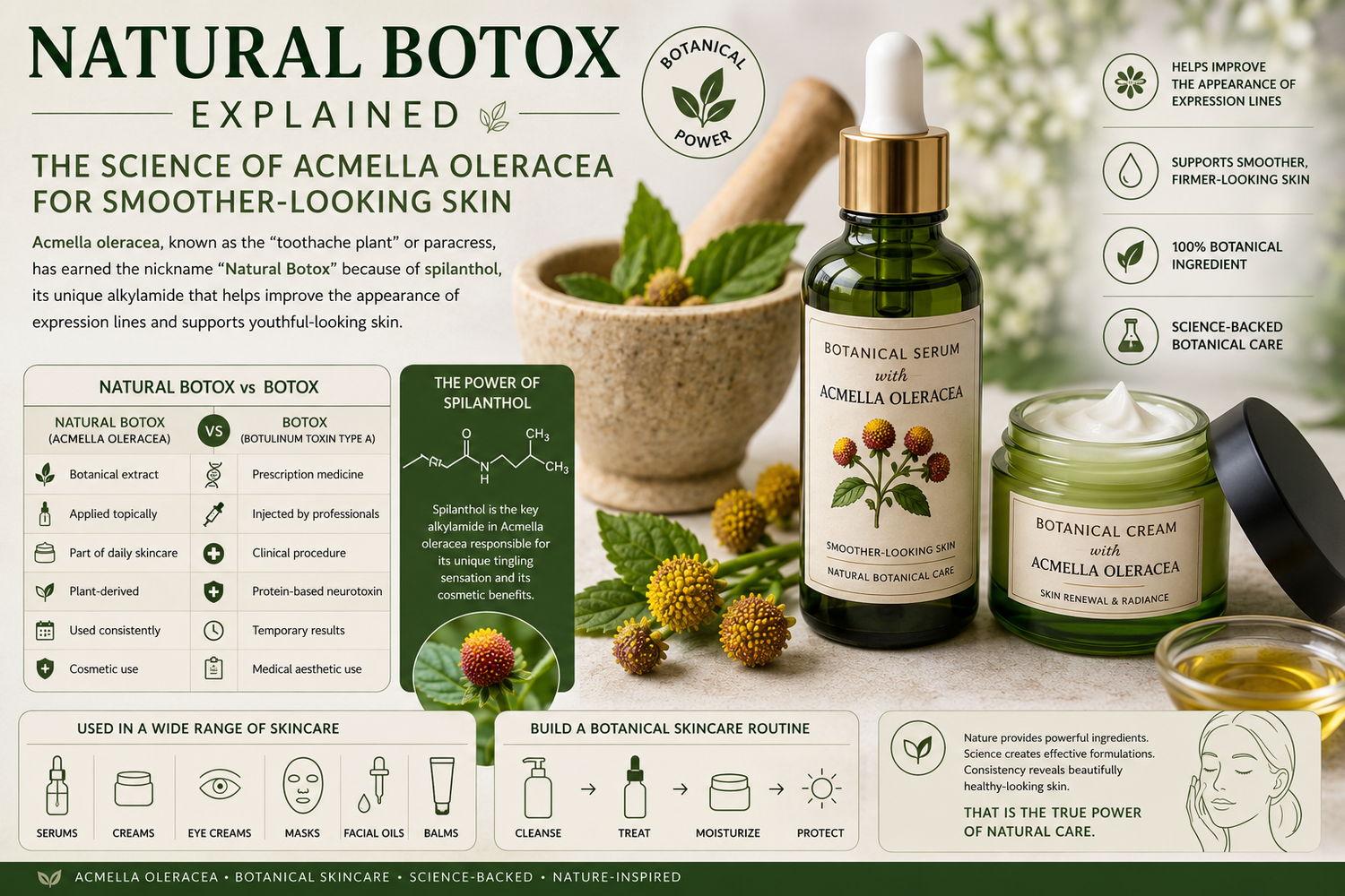 Natural Botox explained infographic featuring Acmella oleracea (paracress), botanical skincare serum, face cream, fresh Acmella flowers, and a scientific comparison between botanical skincare and Botox for smoother-looking skin