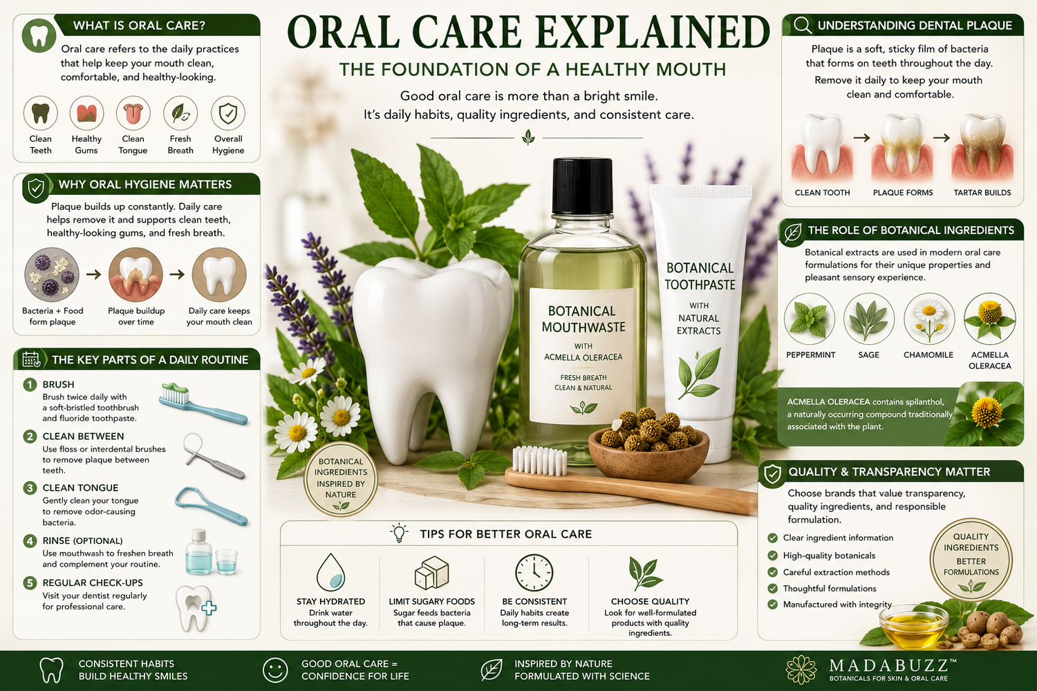 Educational infographic explaining oral care and oral hygiene, including brushing, flossing, dental plaque, tongue cleaning, fresh breath, botanical ingredients such as Acmella oleracea, and formulation science for a healthy mouth