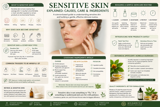 Educational infographic explaining sensitive skin, including common causes, skin barrier function, gentle skincare routines, hydration, patch testing, botanical ingredients such as Acmella oleracea, and formulation science for healthy-looking skin