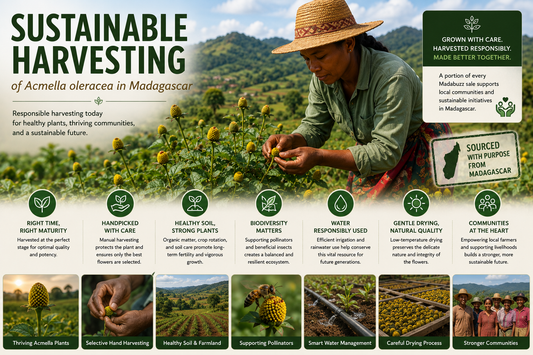 Local farmer sustainably harvesting realistic cone-shaped Acmella oleracea flower heads in Madagascar, surrounded by healthy tropical farmland that illustrates responsible cultivation, biodiversity, and environmentally conscious botanical farming