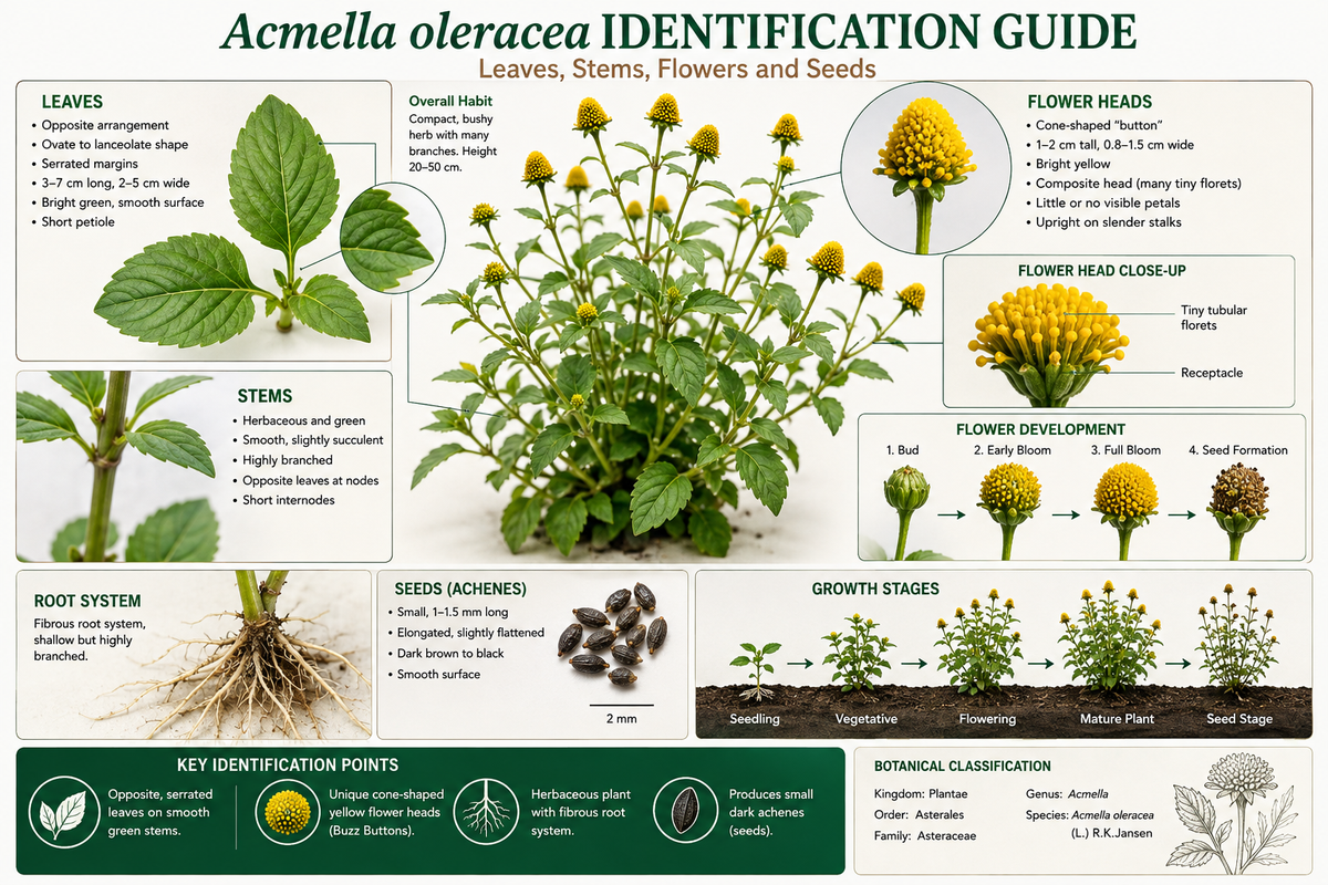 Acmella oleracea Identification Guide: Leaves, Stems, Flowers and Seeds