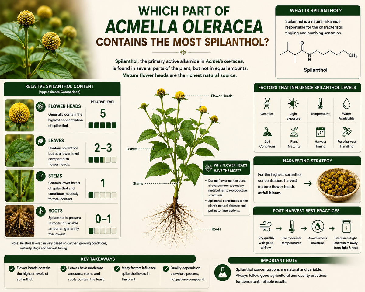 Which Part of Acmella oleracea Contains the Most Spilanthol?